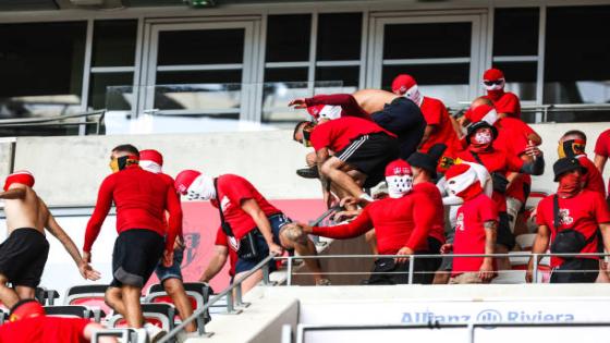 Fans Koln climb over the barriers of the curves before the UEFA Europa Conference League match between Nice and Koln at Allianz Riviera Stadium on September 8, 2022 in Nice, France. (Photo by Johnny Fidelin/Icon Sport via Getty Images)