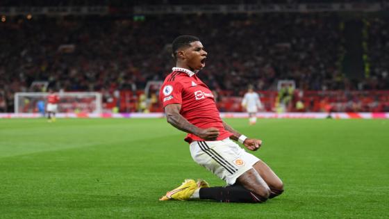 MANCHESTER, ENGLAND - AUGUST 22: Marcus Rashford of Manchester United celebrates scoring a goal to make it 2-0 during the Premier League match between Manchester United and Liverpool FC at Old Trafford on August 22, 2022 in Manchester, England. (Photo by Michael Regan/Getty Images)